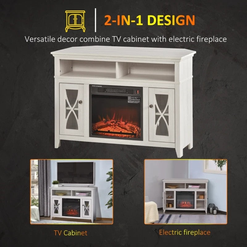 Rustic White Electric Fireplace Mantel TV Stand w/ Adjustable Shelves 2 Storage Cabinets *