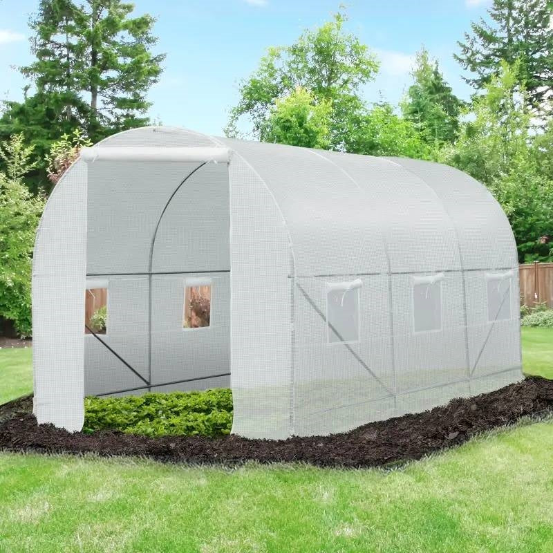14.7 Ft x 6.5 Ft Outdoor Greenhouse w/ Heavy Duty Steel Frame and White PE Cover *