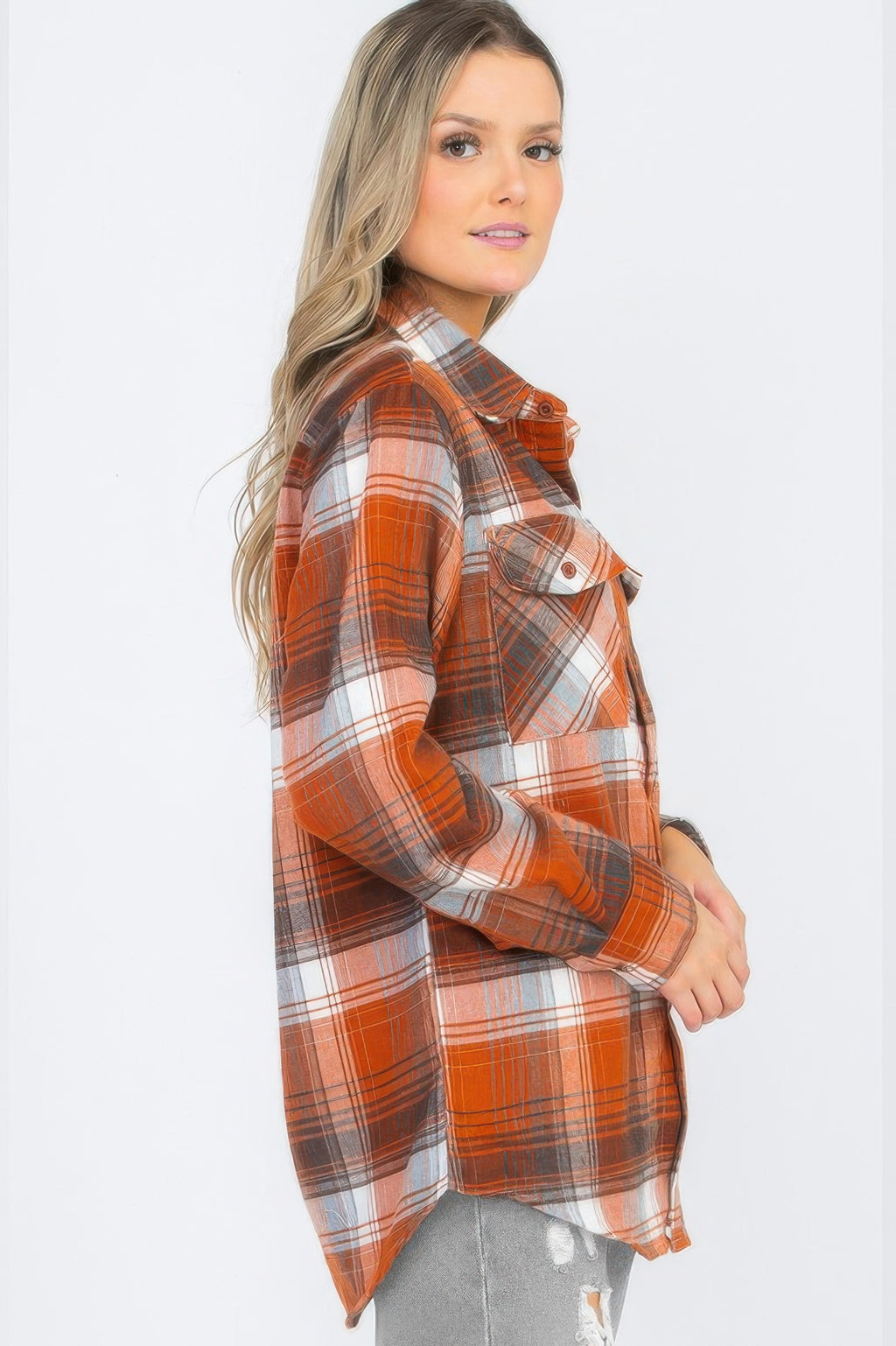 Womens Full Size Boyfriend Long Sleeve Checkered Flannel