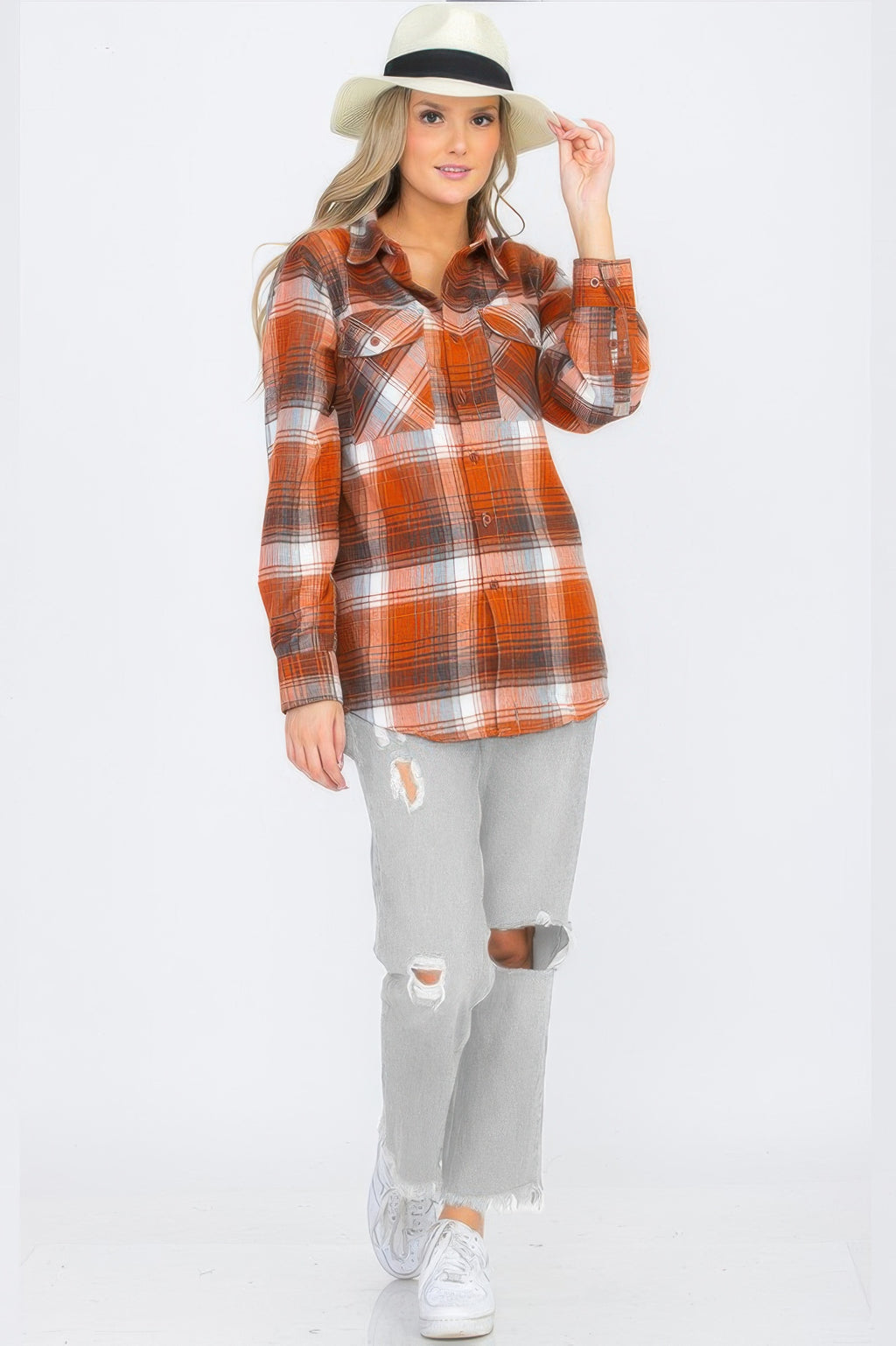 Womens Full Size Boyfriend Long Sleeve Checkered Flannel