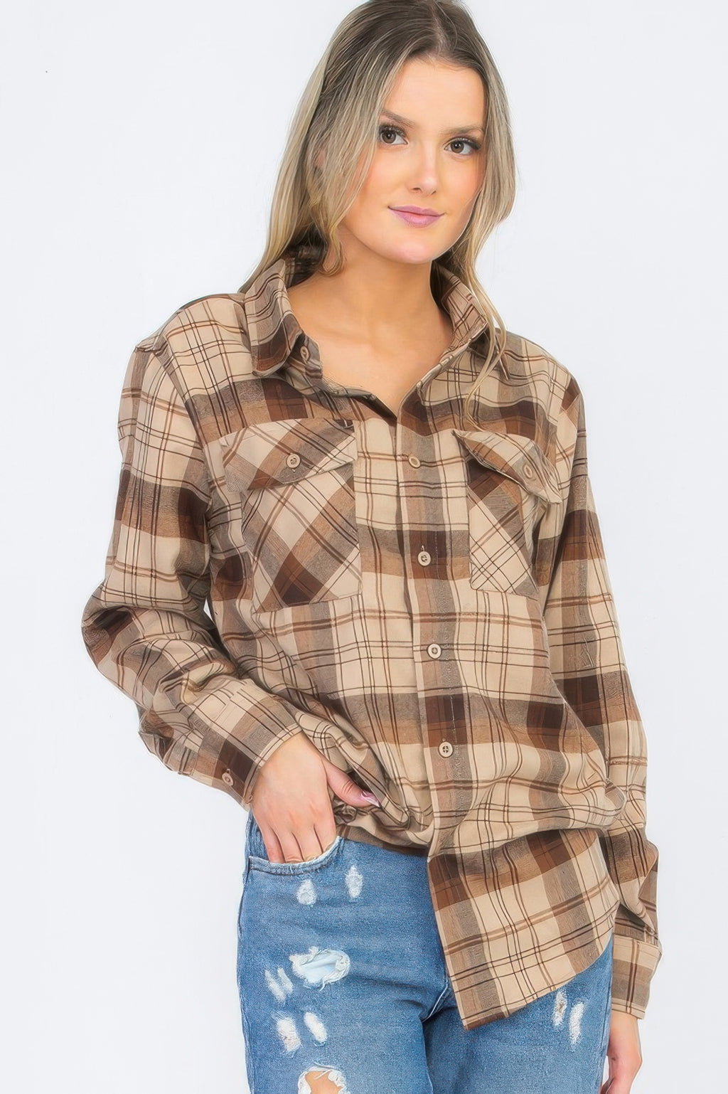 Womens Full Size Boyfriend Long Sleeve Checkered Flannel