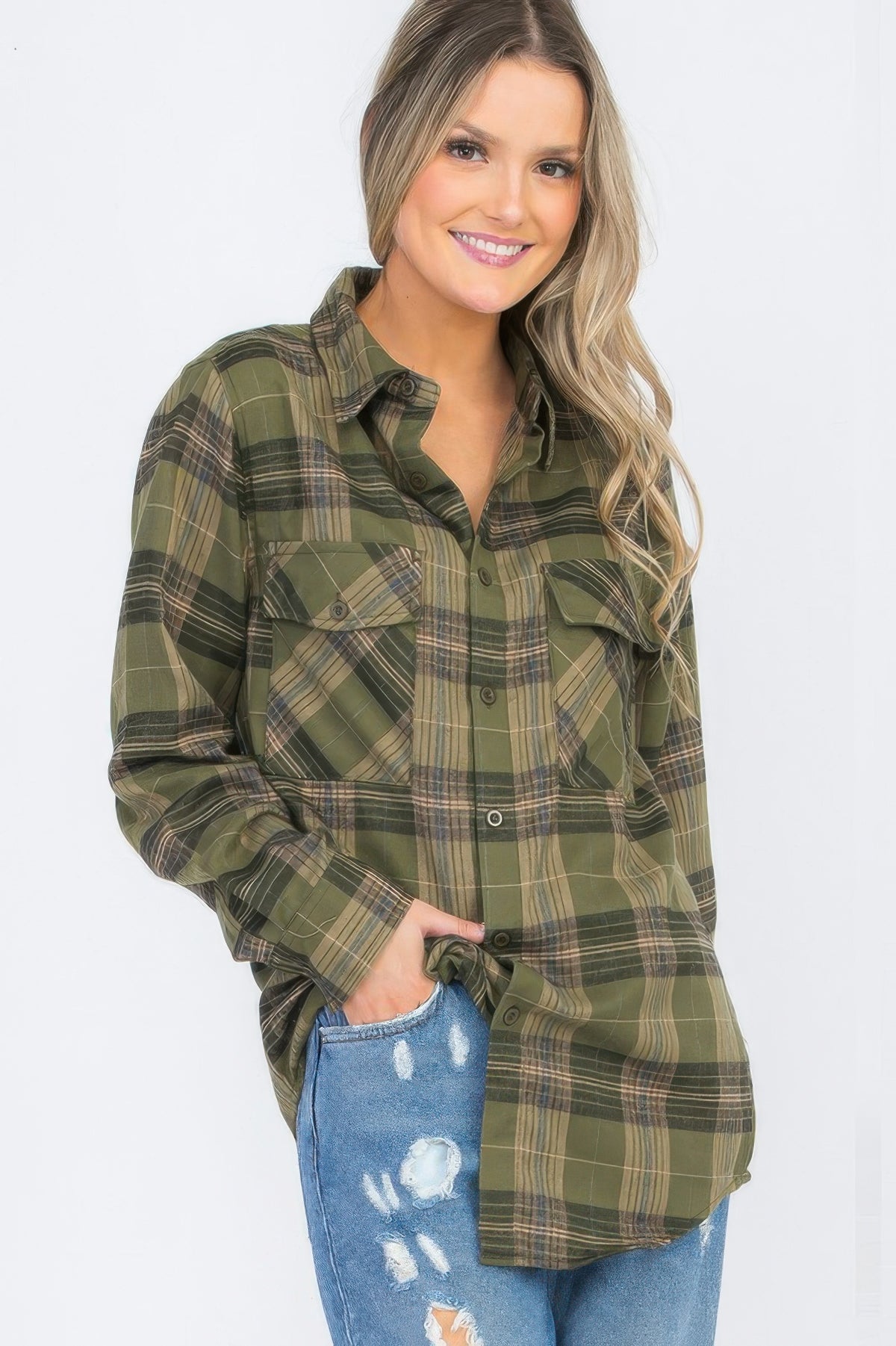 Womens Full Size Boyfriend Long Sleeve Checkered Flannel