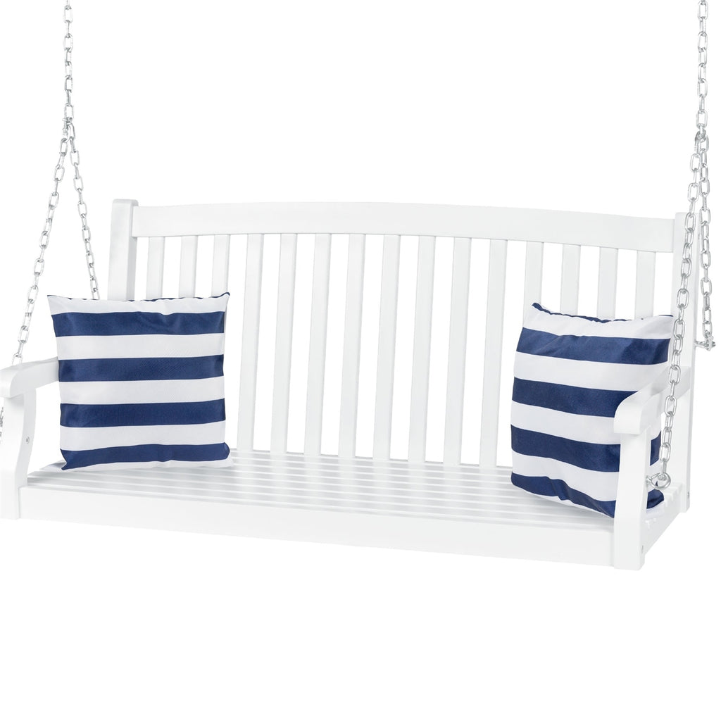 White Acacia Wooden Curved Back Hanging Porch Swing Bench with Mounting Chains *