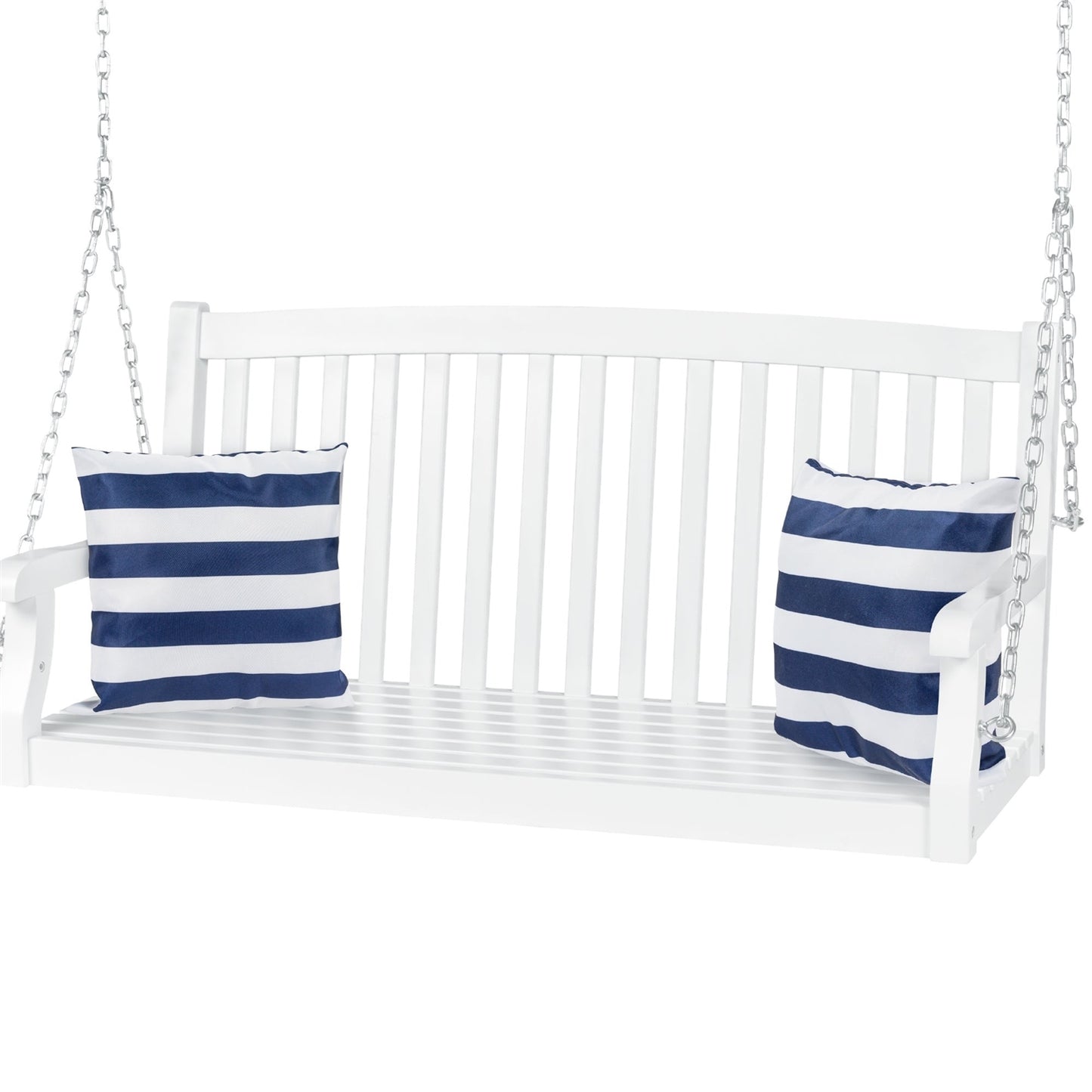 White Acacia Wooden Curved Back Hanging Porch Swing Bench with Mounting Chains