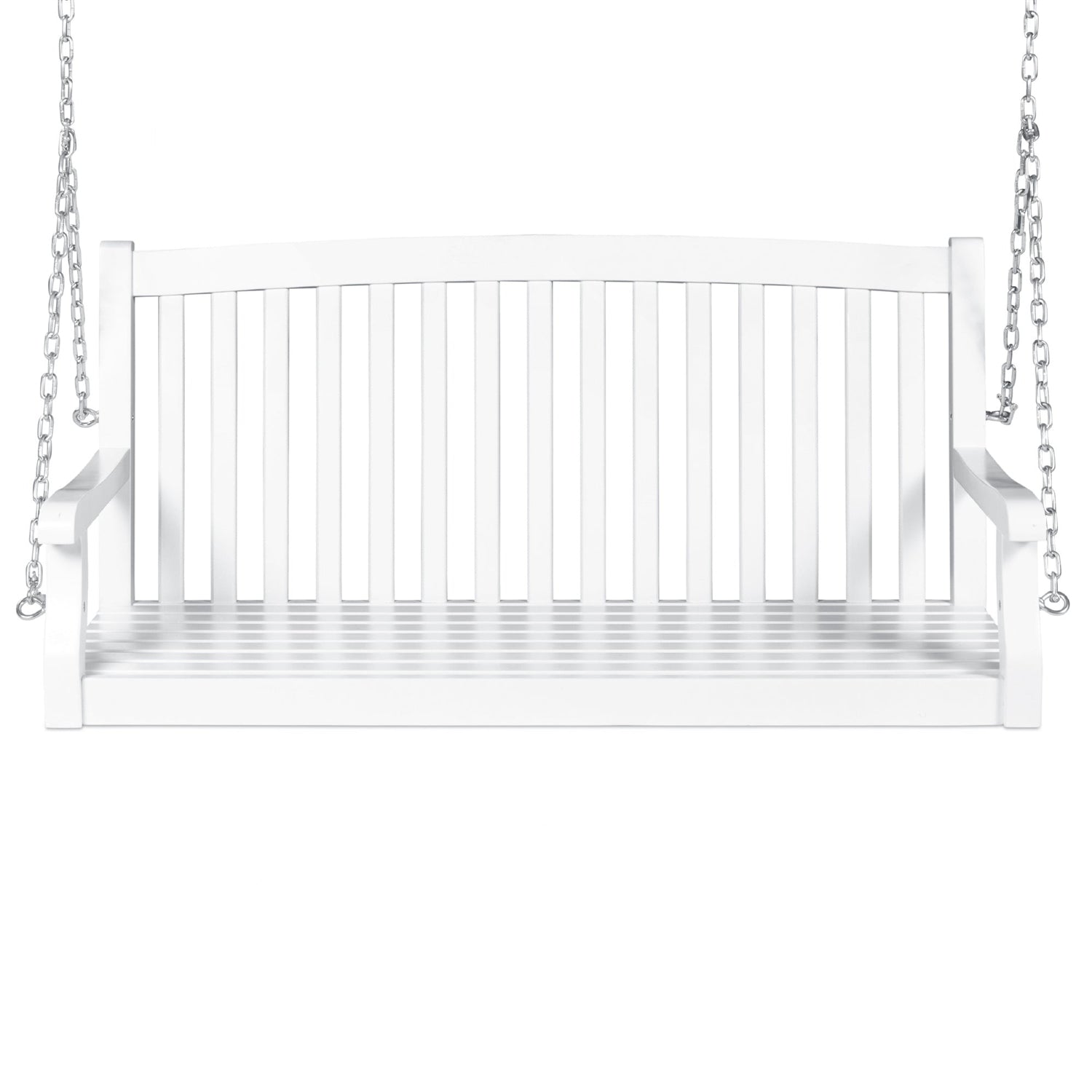 White Acacia Wooden Curved Back Hanging Porch Swing Bench with Mounting Chains *