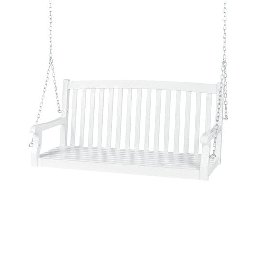 White Acacia Wooden Curved Back Hanging Porch Swing Bench with Mounting Chains *
