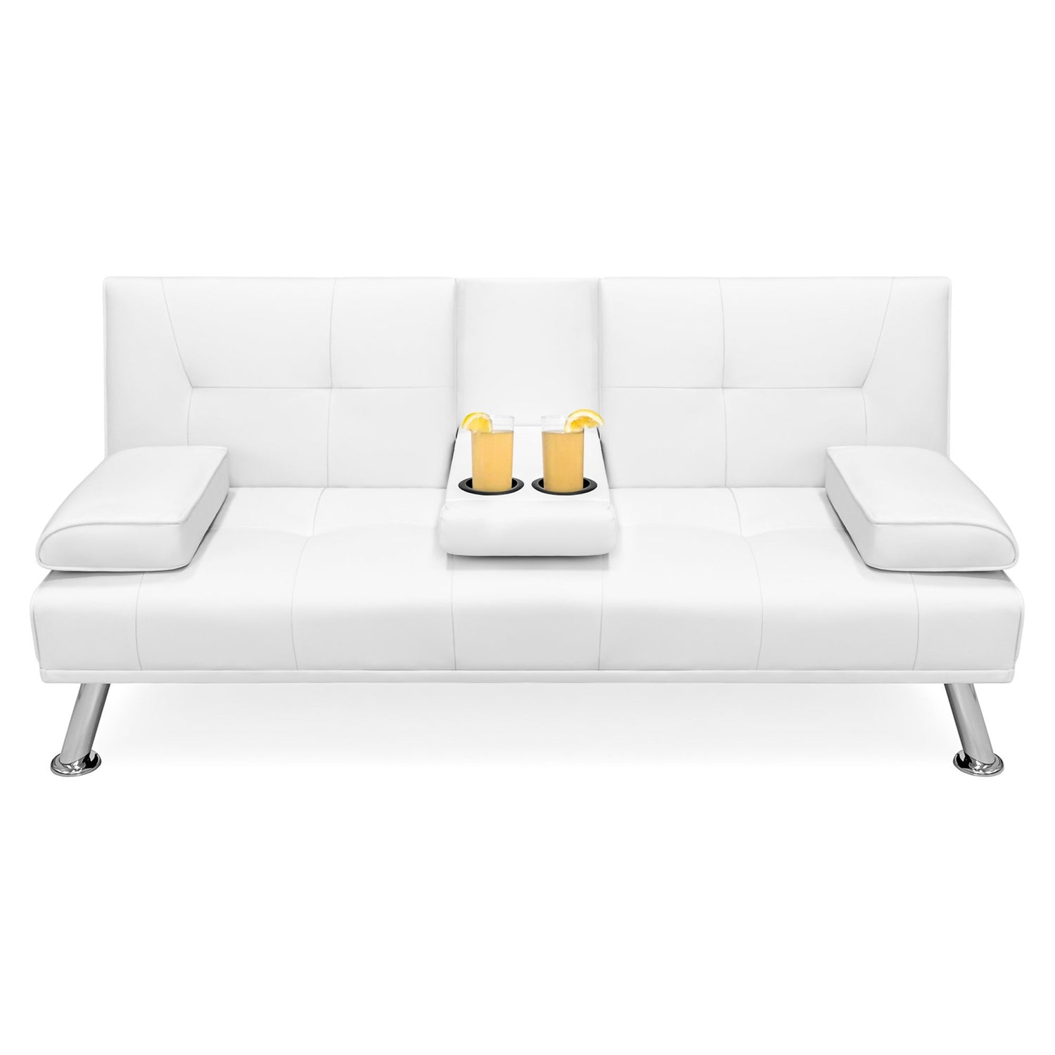 White Faux Leather Convertible Sofa Futon with 2 Cup Holders