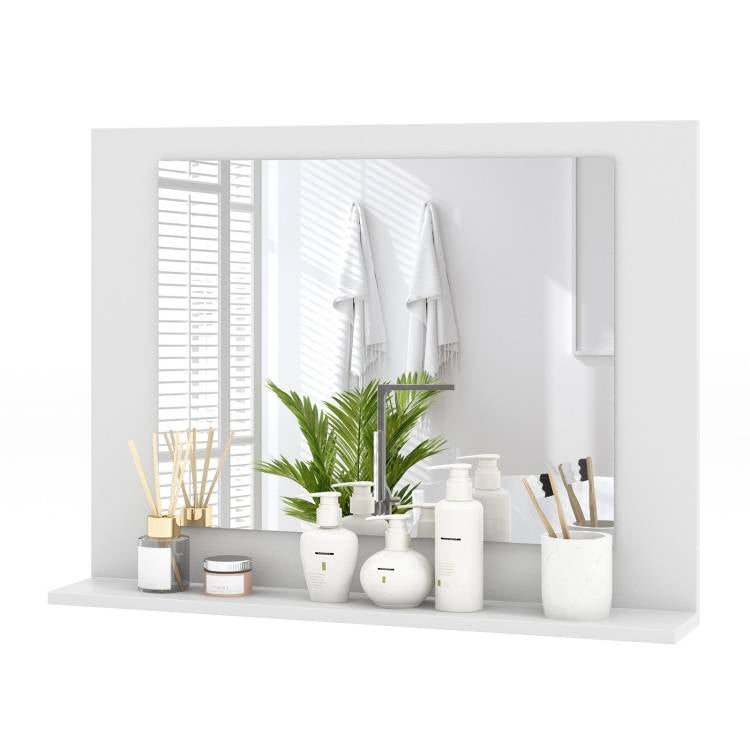 Rectangular Bathroom Wall Mirror with Storage Shelf and Wood Frame