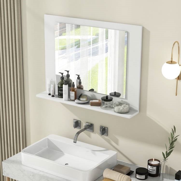 Rectangular Bathroom Wall Mirror with Storage Shelf and Wood Frame