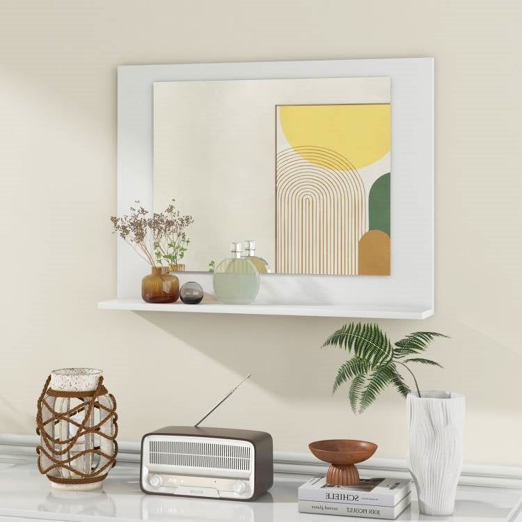 Rectangular Bathroom Wall Mirror with Storage Shelf and Wood Frame