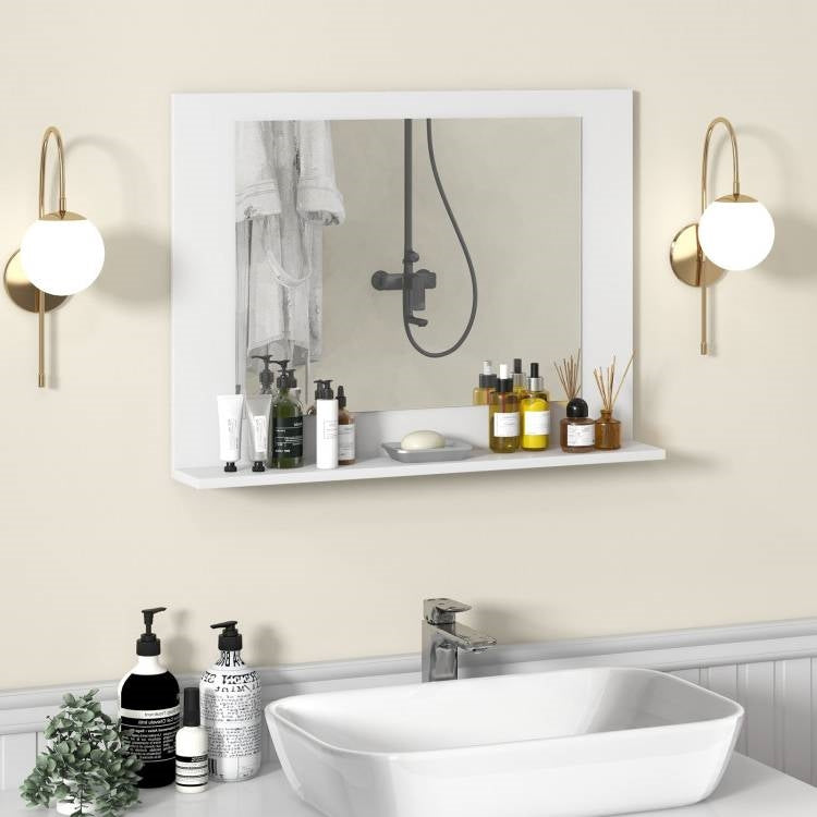 Rectangular Bathroom Wall Mirror with Storage Shelf and Wood Frame