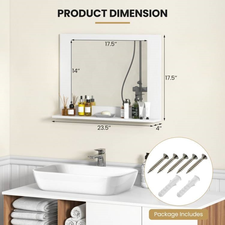 Rectangular Bathroom Wall Mirror with Storage Shelf and Wood Frame