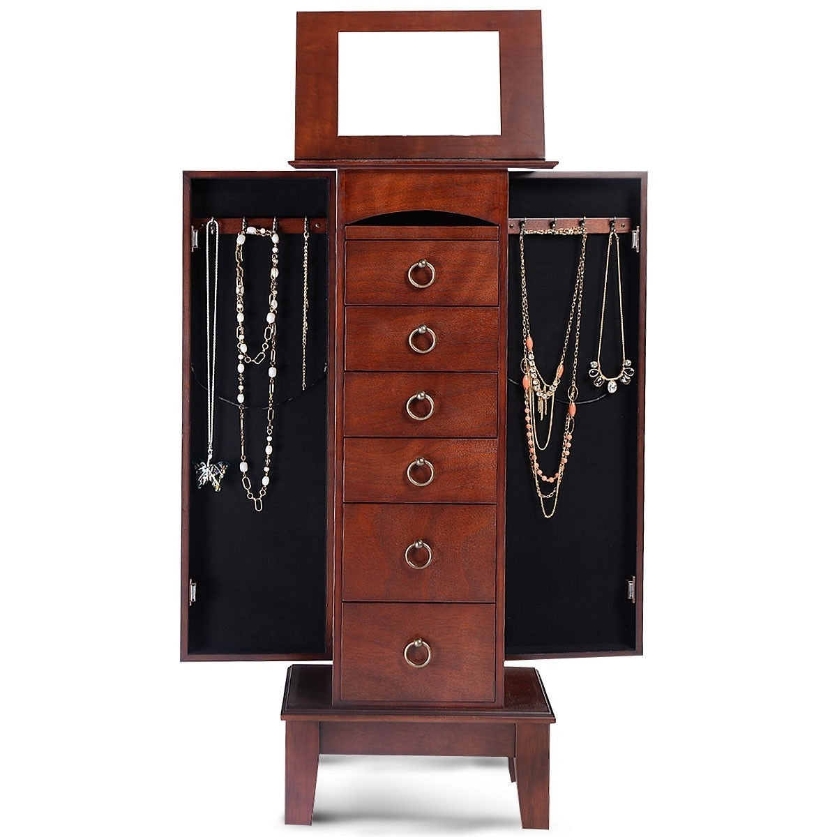 Medium Brown Wood Jewelry Armoire Storage Chest Cabinet with Mirror