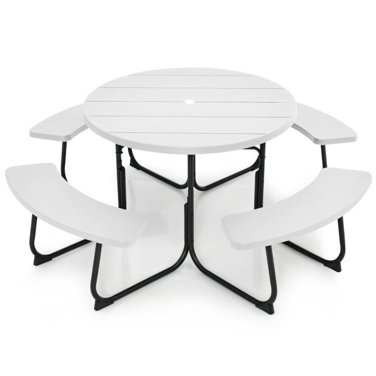 White Outdoor Metal and HDPE Picnic Table Bench Set with Umbrella Hole - Seats 8 *