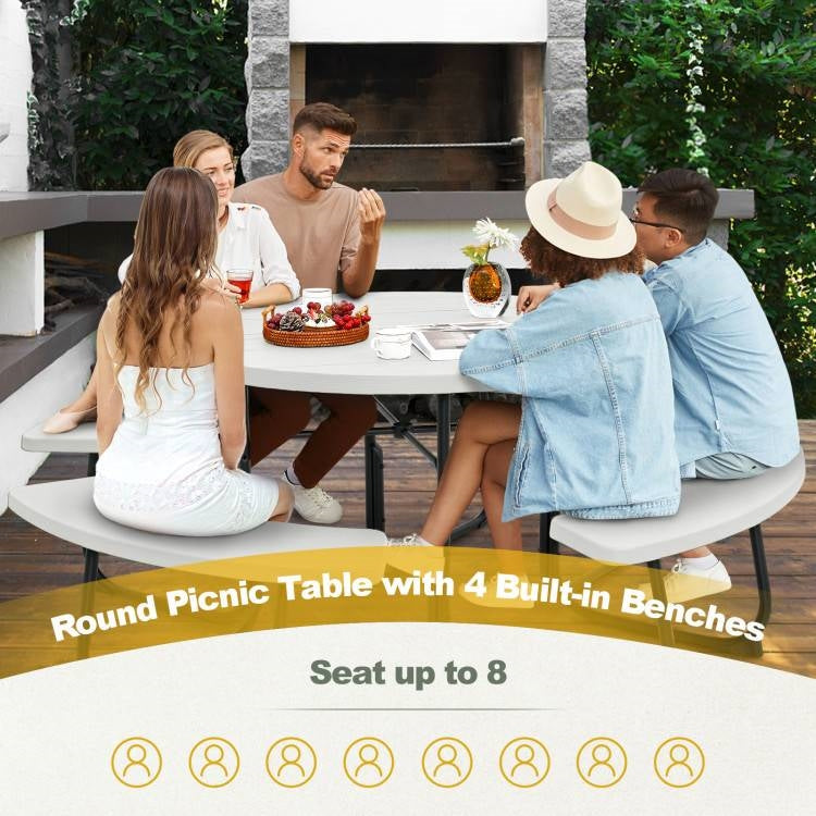 White Outdoor Metal and HDPE Picnic Table Bench Set with Umbrella Hole - Seats 8 *