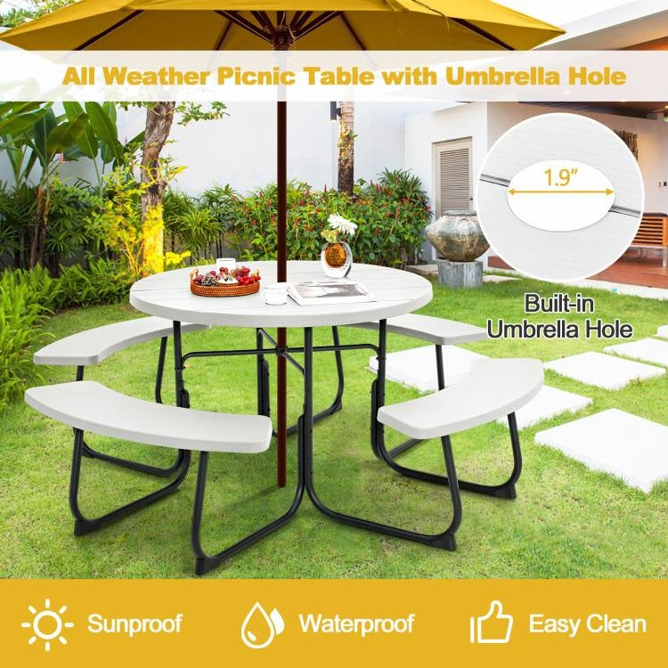 White Outdoor Metal and HDPE Picnic Table Bench Set with Umbrella Hole - Seats 8 *