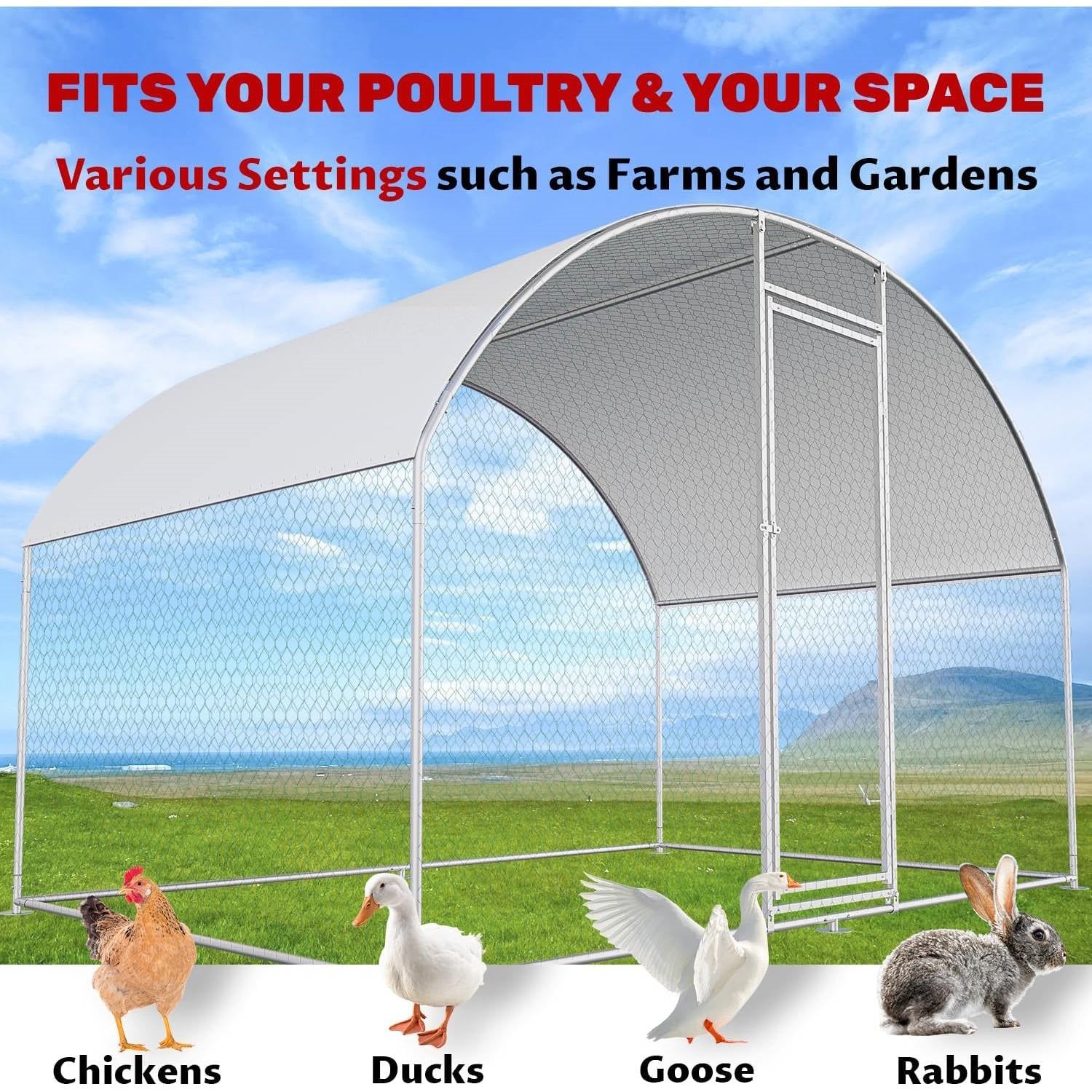 9.8 Ft x 6.6 Ft Outdoor Metal Chicken Coop with Dome Roof and Waterproof Cover