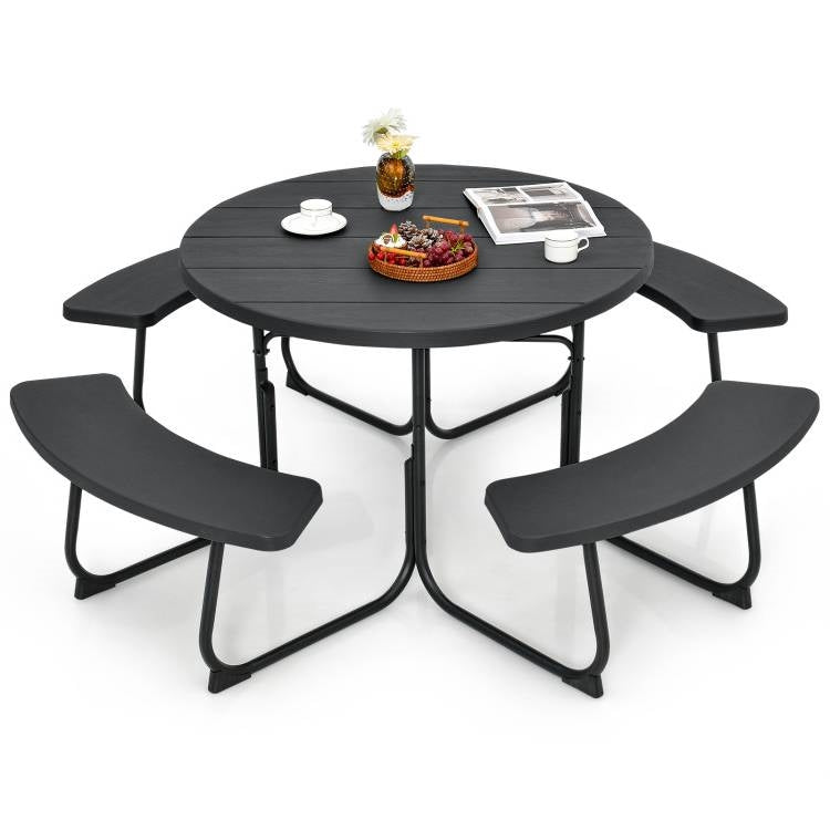 Black Outdoor Metal and HDPE Picnic Table Bench Set with Umbrella Hole - Seats 8 *