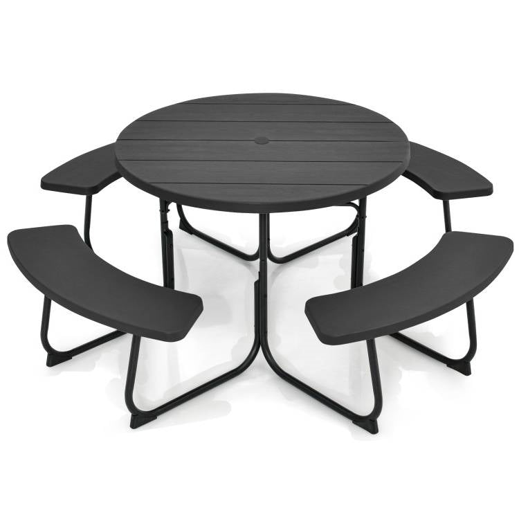 Black Outdoor Metal and HDPE Picnic Table Bench Set with Umbrella Hole - Seats 8 *