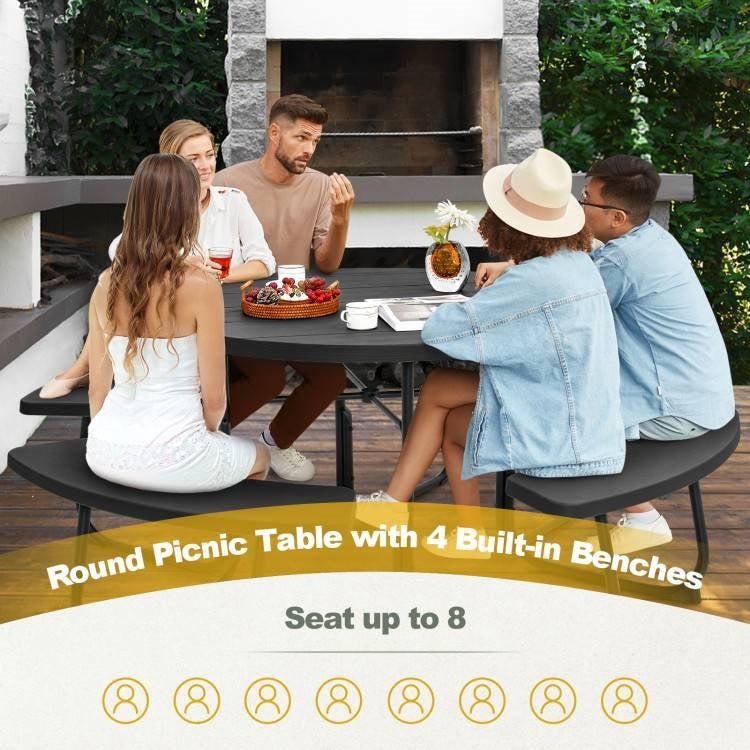 Black Outdoor Metal and HDPE Picnic Table Bench Set with Umbrella Hole - Seats 8 *