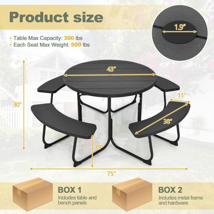 Black Outdoor Metal and HDPE Picnic Table Bench Set with Umbrella Hole - Seats 8 *