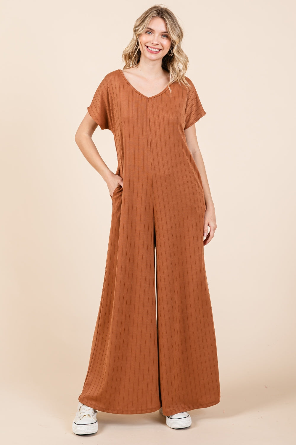 BOMBOM Ribbed Short Sleeve Wide Leg Jumpsuit *