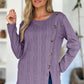 Slit Round Neck Long Sleeve T-Shirt