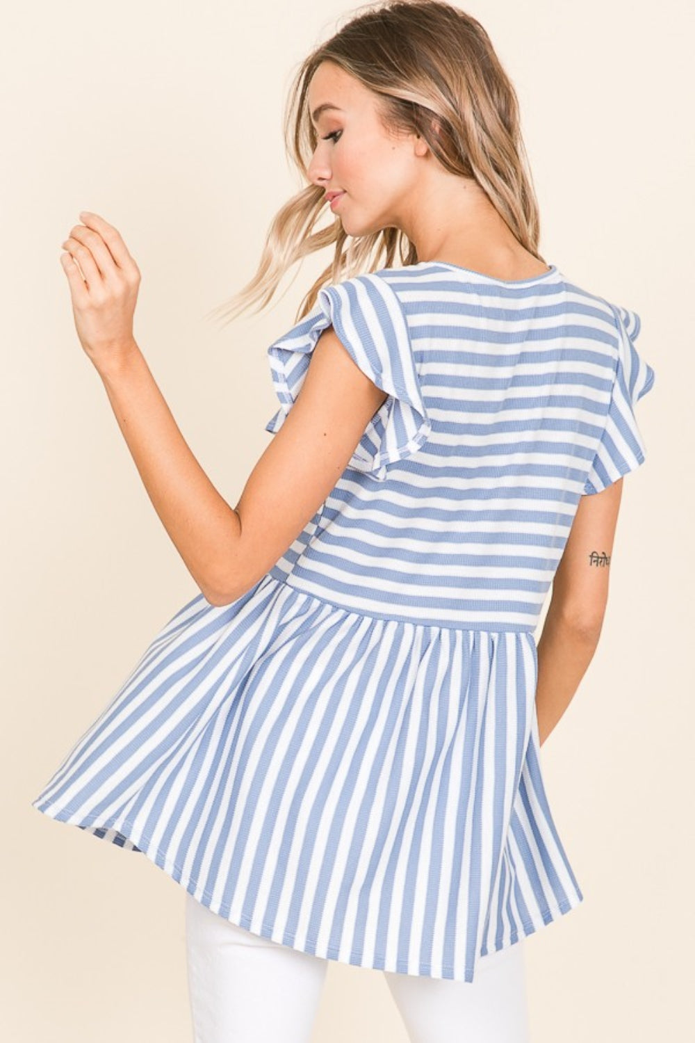 BOMBOM Striped Round Neck Blouse *