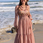 Embroidered Polka Dot Tie Neck Long Sleeve Midi Dress