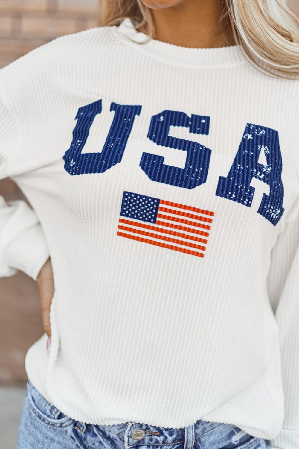 US Flag White Corded Long Sleeve Sweatshirt