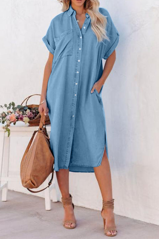 Full Size Slit Button Up Short Sleeve Imitation Denim Dress