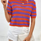 Openwork Striped Round Neck Short Sleeve Knit Top