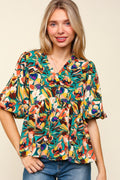 Haptics Full Size Frill Floral Puff Sleeve Peplum Blouse *