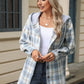 Drawstring Plaid Button Up Hooded Jacket