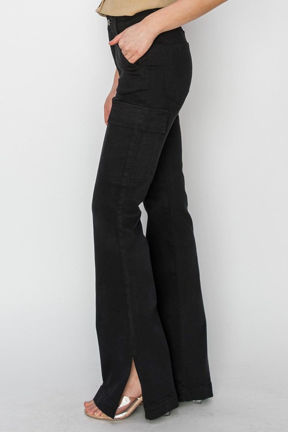 Risen Full Size High Rise Side Slit Cargo Bootcut Jeans *