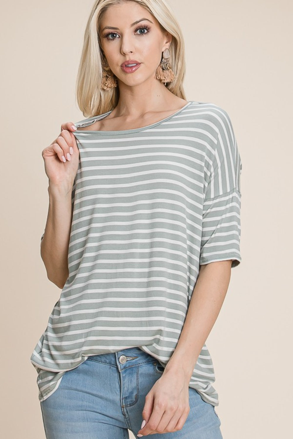 BOMBOM Striped Round Neck T-Shirt *