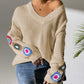 Crochet Flower V-Neck Sweater