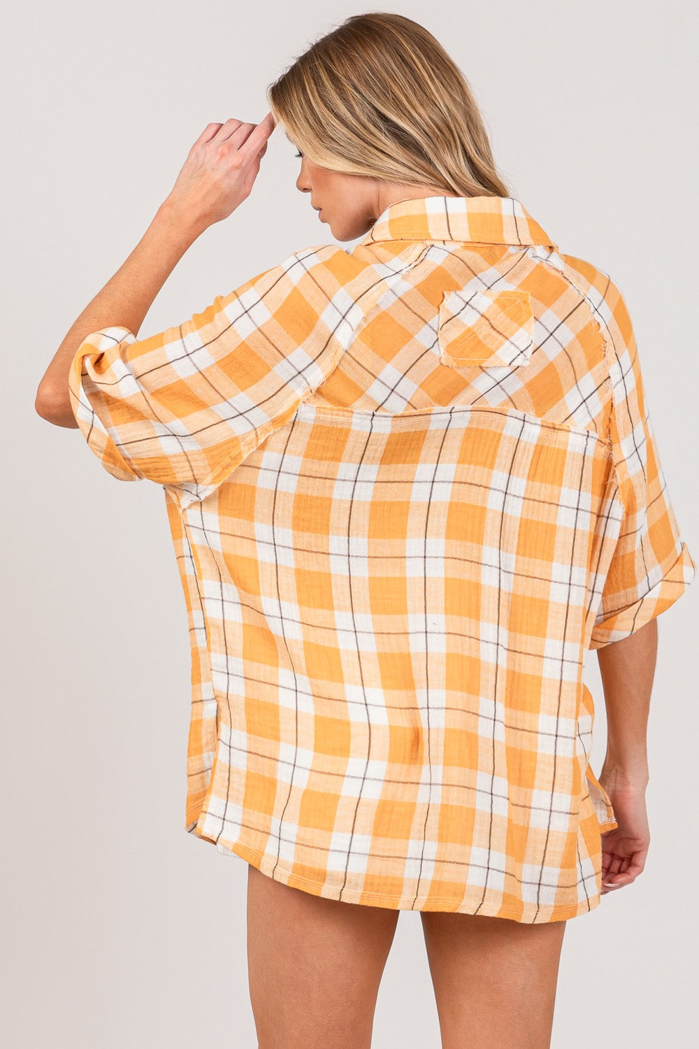 SAGE + FIG Plaid Apricot Button Up Side Slit Shirt