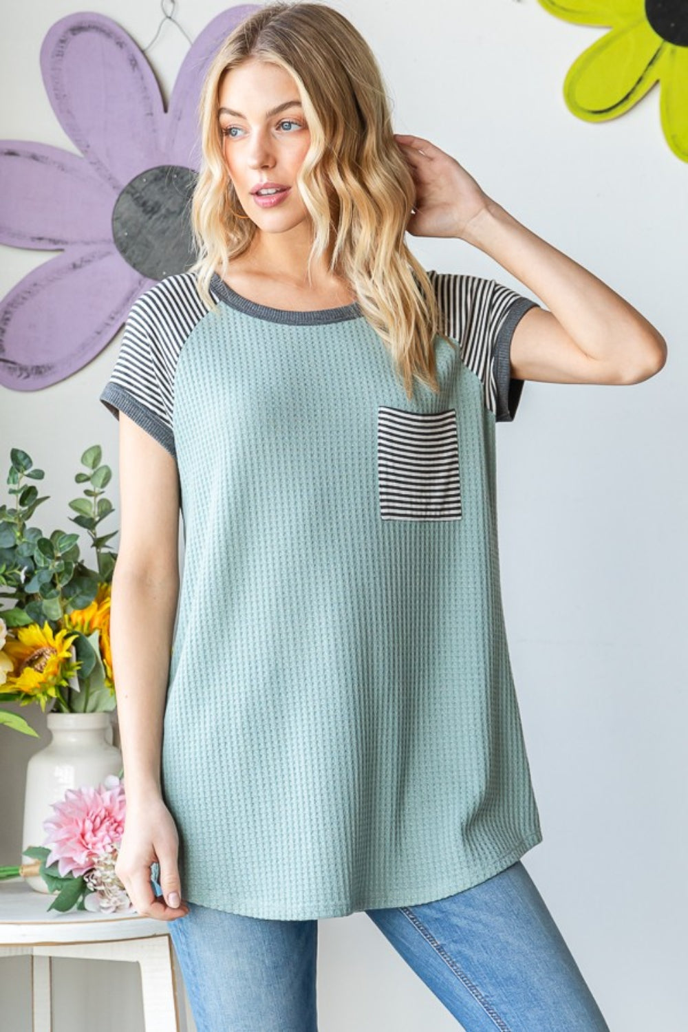 Heimish Full Size Striped Short Sleeve Waffle T-Shirt *