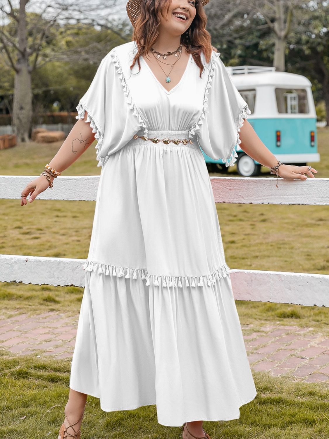 Plus Size Tassel Smocked V-Neck Half Sleeve White Dress