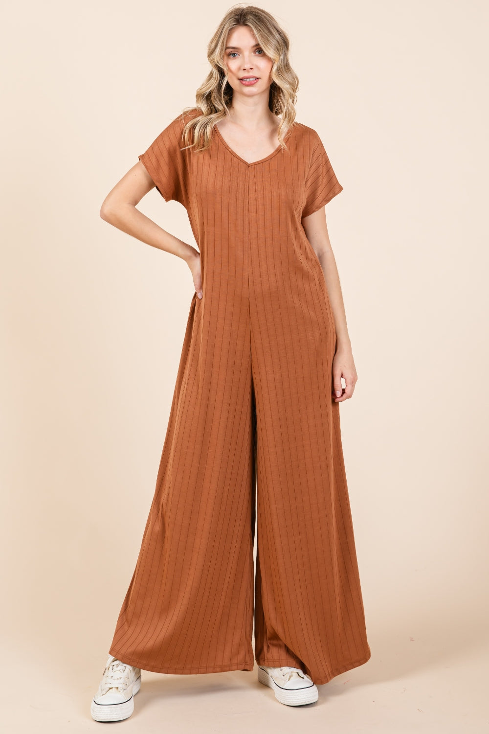BOMBOM Ribbed Short Sleeve Wide Leg Jumpsuit *
