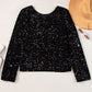 Black Sequin Round Neck Long Sleeve Blouse