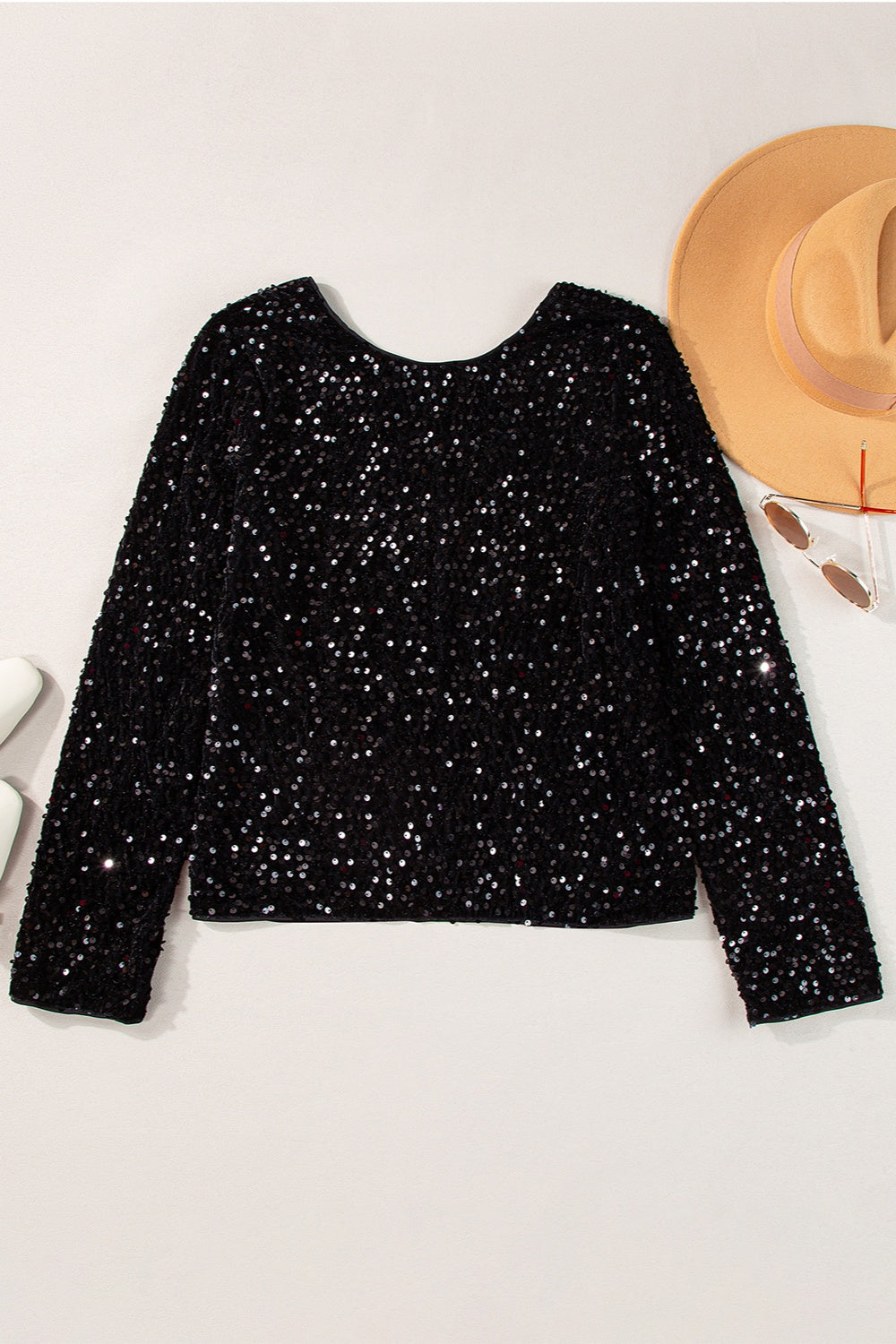 Black Sequin Round Neck Long Sleeve Blouse