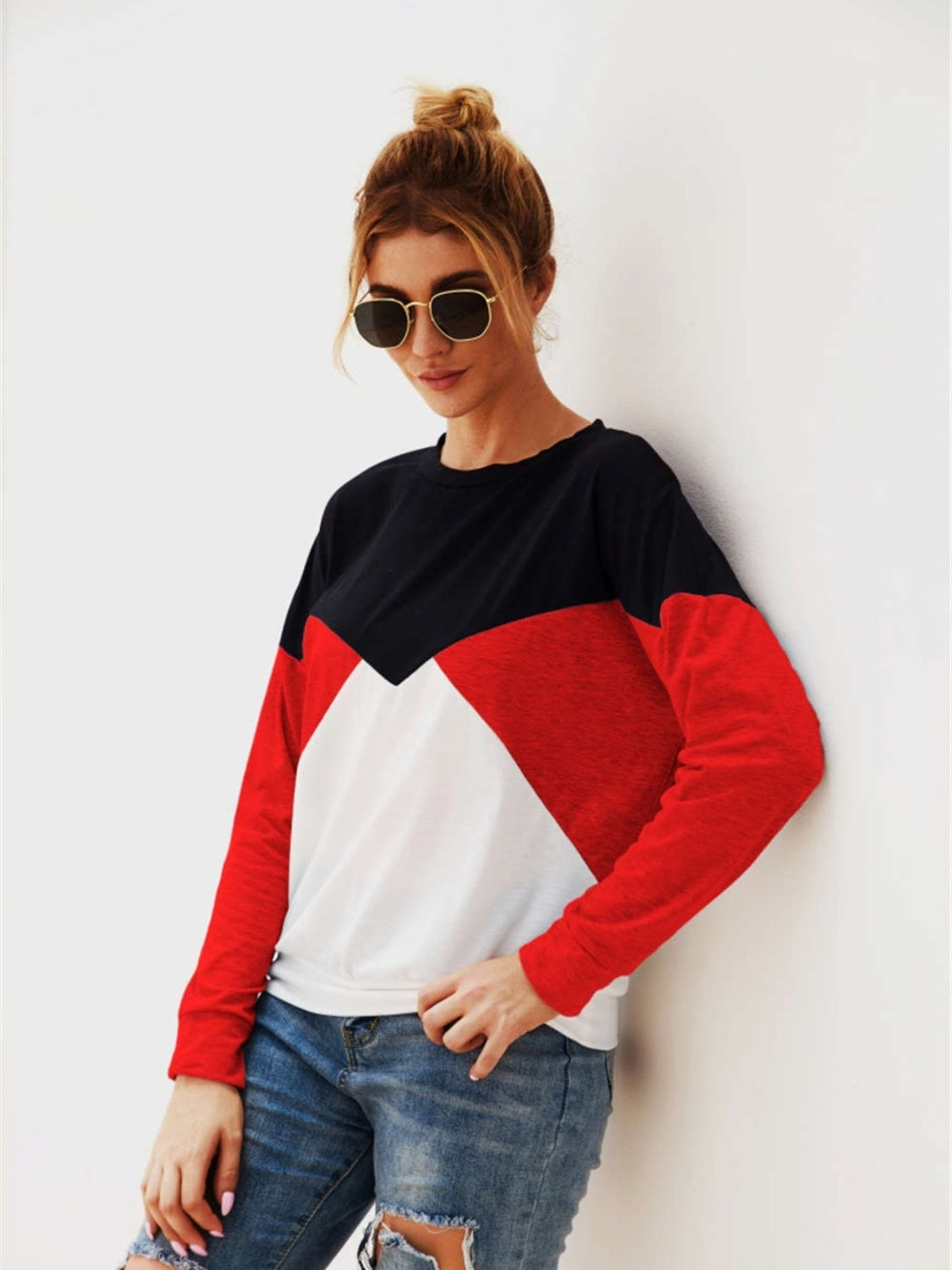 Color Block Round Neck Long Sleeve Top