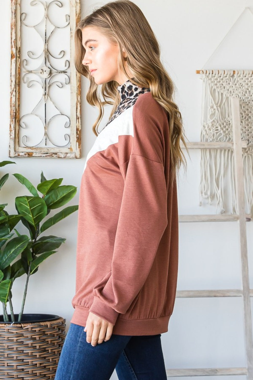 Heimish Full Size Leopard Quarter Zip Mock Neck Sweatshirt *
