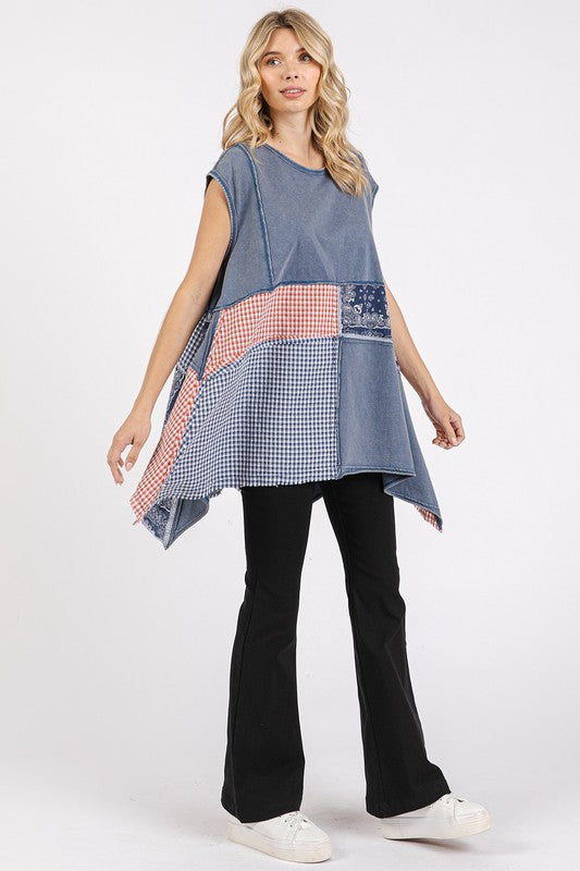 Mittoshop Patchwork Mineral Washed Round Neck Cap Sleeve Top *