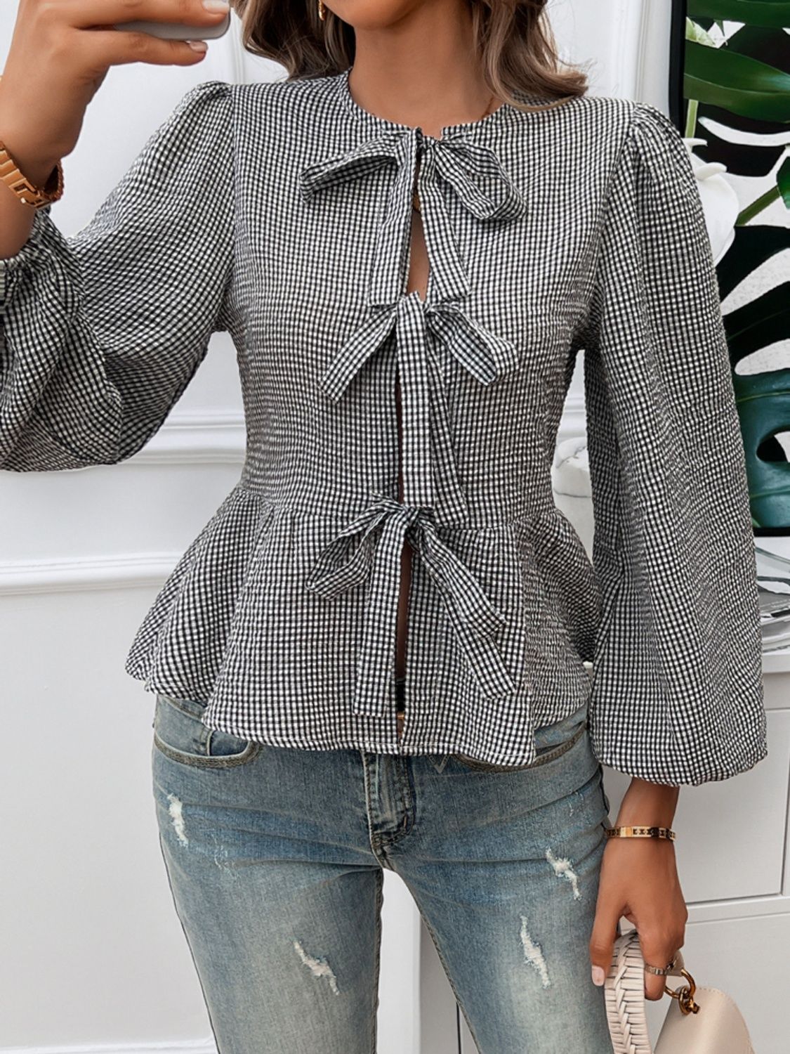 Tied Round Neck Long Sleeve Blouse