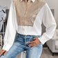 Perfee Sequin Contrast Collared Neck Long Sleeve Shirt