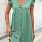 Full Size Button Up V-Neck Cap Sleeve Mini Dress