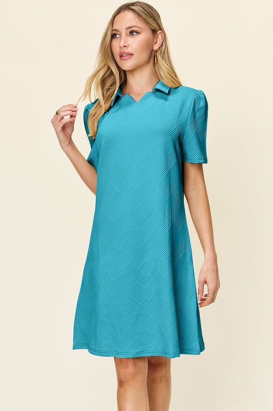Double Take Full Size Texture Collared Neck Short Sleeve Mini Dress